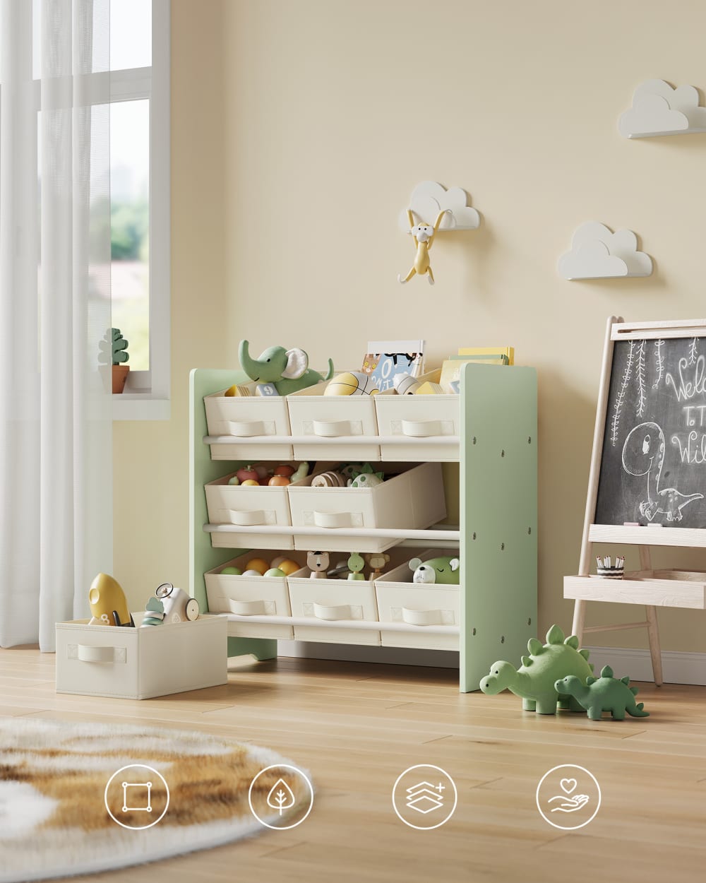 Étagère à jouets pour enfants 9 boîtes de rangement vert laurier (SONGMICS) - Image 1