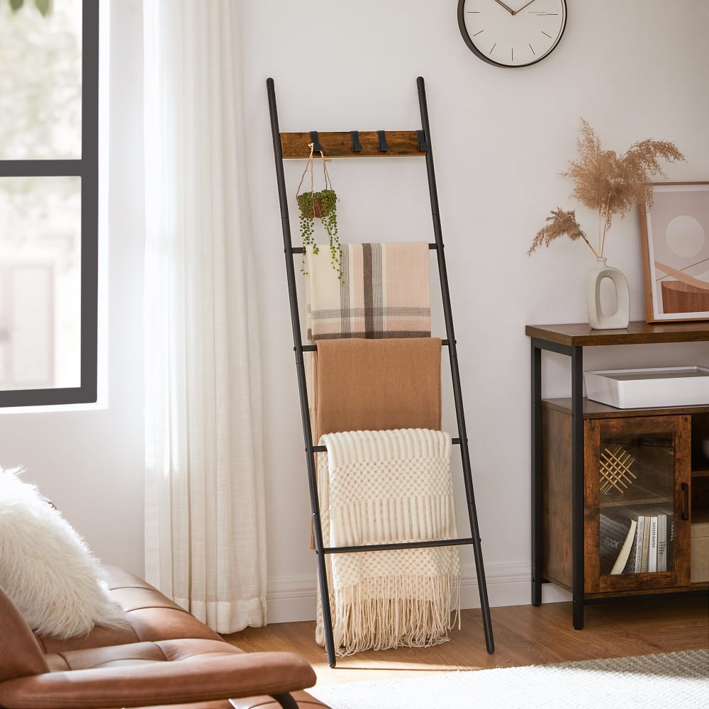 Étagère échelle inclinée 5 niveaux gain 44 x 160 cm marron et noir