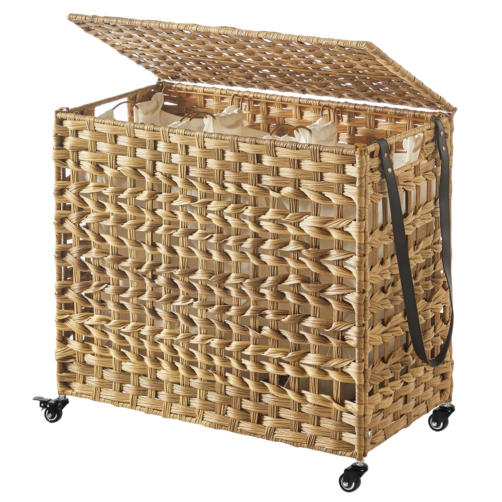 Panier à linge 3 compartiments imitation de rotin de PP marron — Beyit