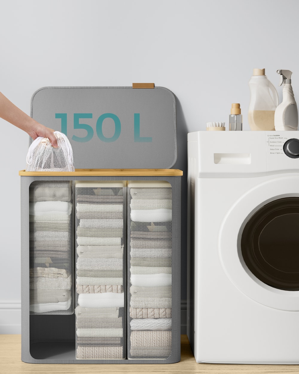 Panier à linge avec couvercle pliable 150 l 60 x 38.5 x 70.5 cm gris - Maisons du Monde