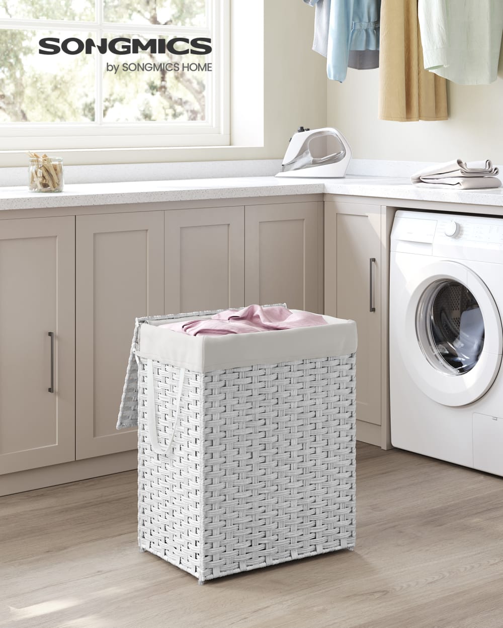 Panier à linge en rotin synthétique pliable avec poignées 90 l blanc