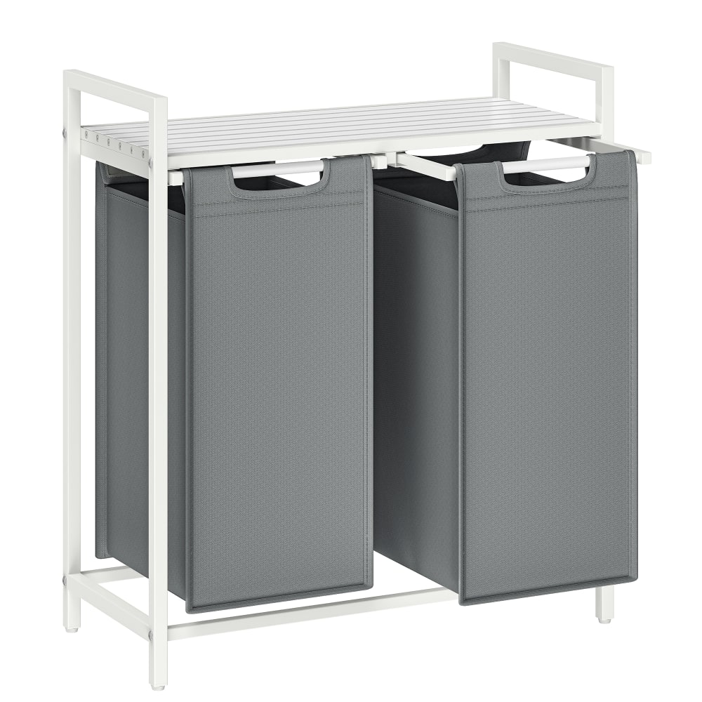 Panier à linge 2 compartiments acier tissu Oxford effet bois blanc — Beyit