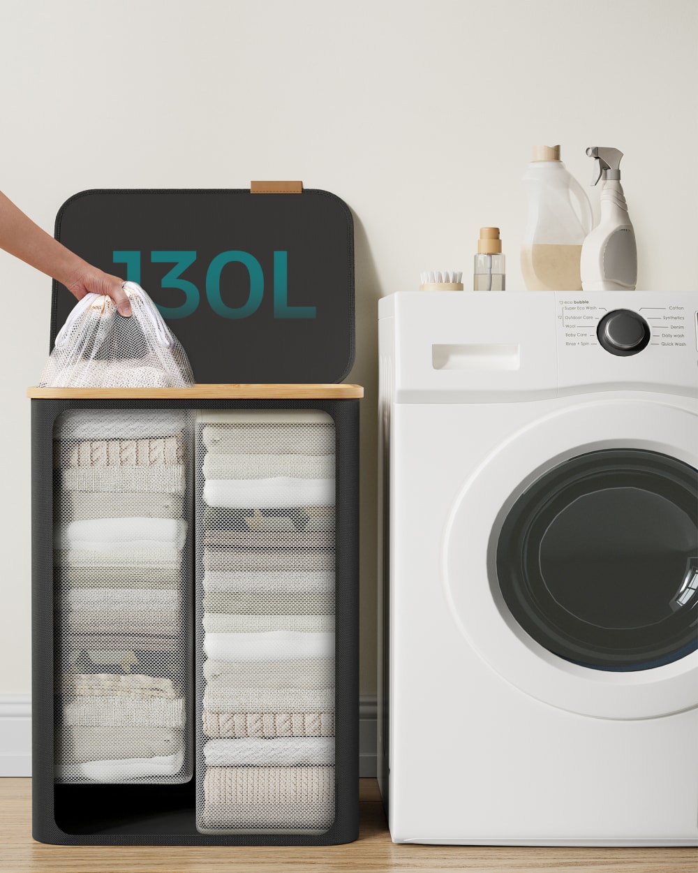 Panier à linge avec couvercle pliable 130 l 52 x 38.5 x 70.5 cm noir - Maisons du Monde
