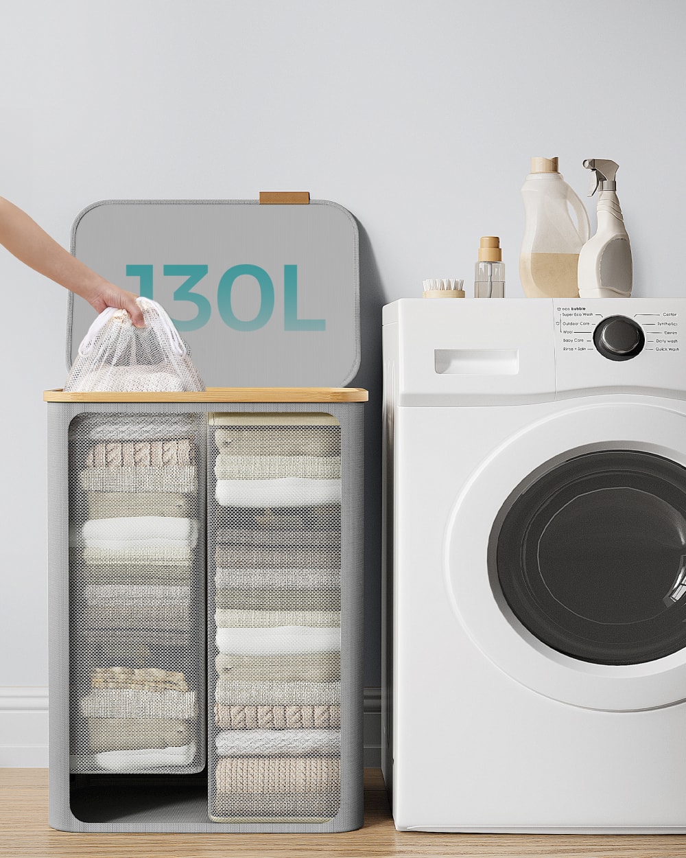 Panier à linge avec couvercle pliable 130 l 52 x 38.5 x 70.5 cm gris - Maisons du Monde