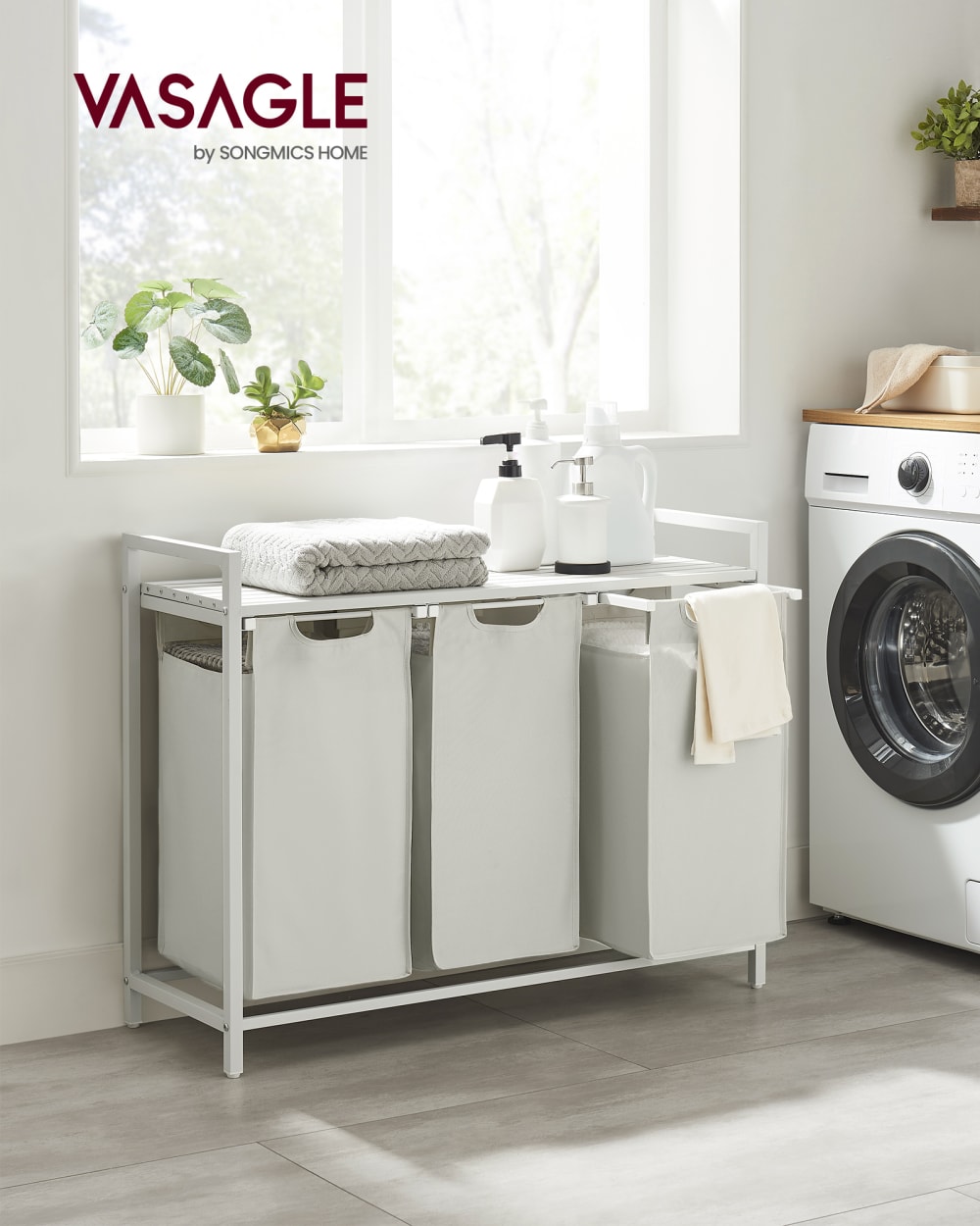 Panier à linge 3 compartiments 3 sacs 120 l 92.5 x 33 x 72 cm blanc - Maisons du Monde
