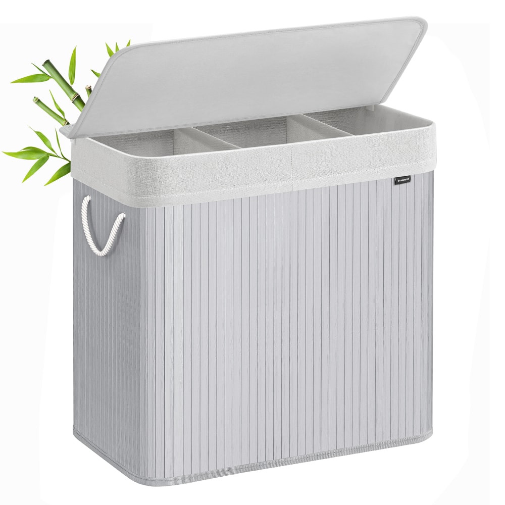 Panier à linge avec couvercle bambou avec poignées pliable 150 l gris Panier à linge avec couvercle bambou avec poignées pliable 150 l gris