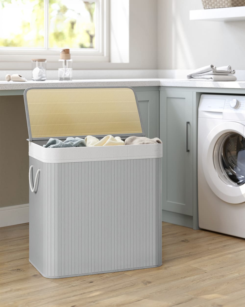 Panier à linge 150L 3 sacs bambou tissu polyester-coton gris — vue 3