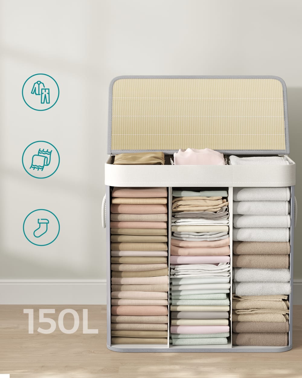 Panier à linge 150L 3 sacs bambou tissu polyester-coton gris — vue 4