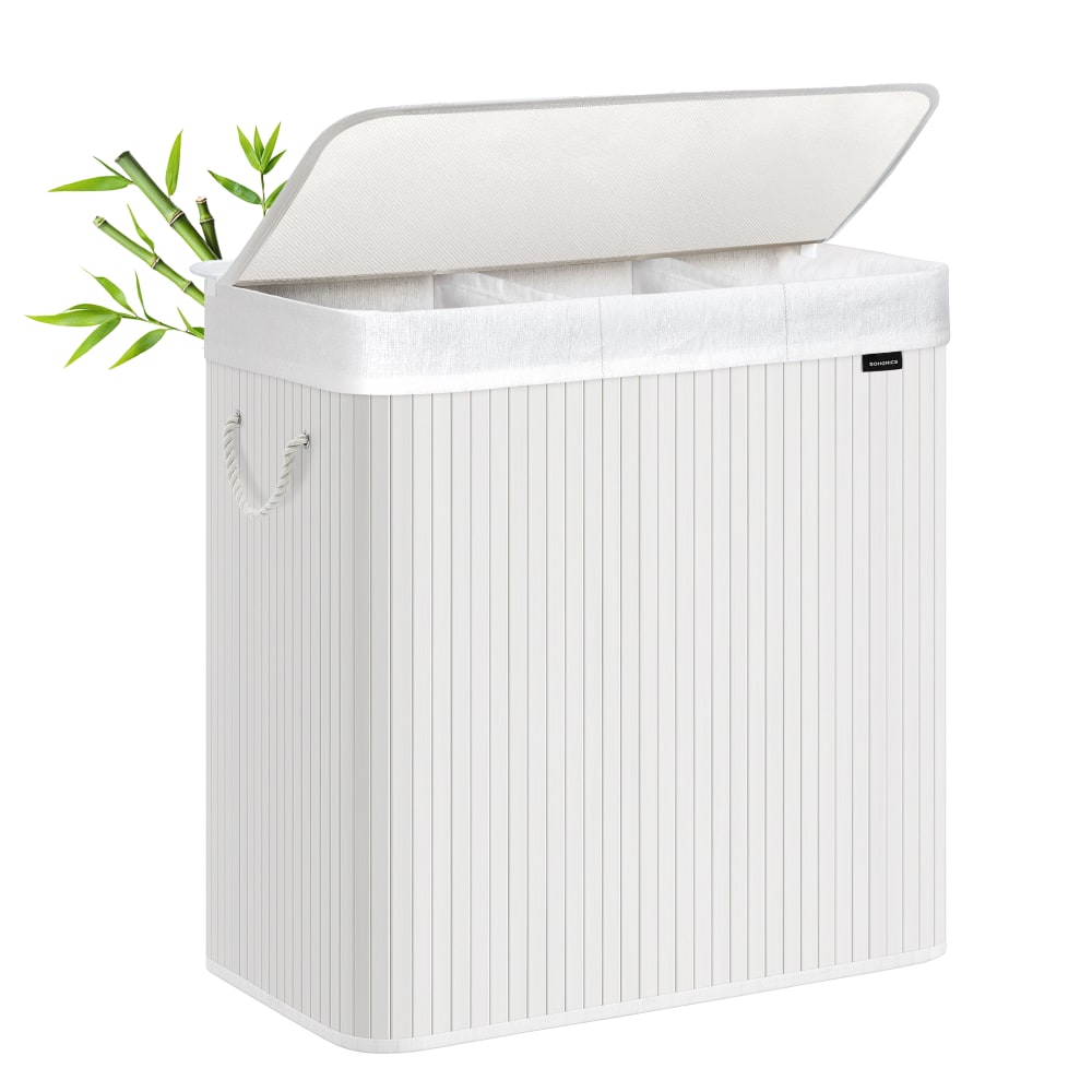 Panier à linge avec couvercle bambou avec poignées pliable 150 l blanc Panier à linge avec couvercle bambou avec poignées pliable 150 l blanc