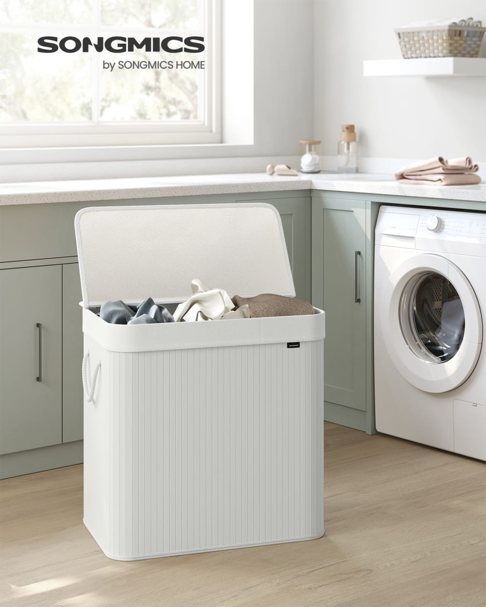 Panier à linge avec couvercle bambou avec poignées pliable 150 l blanc