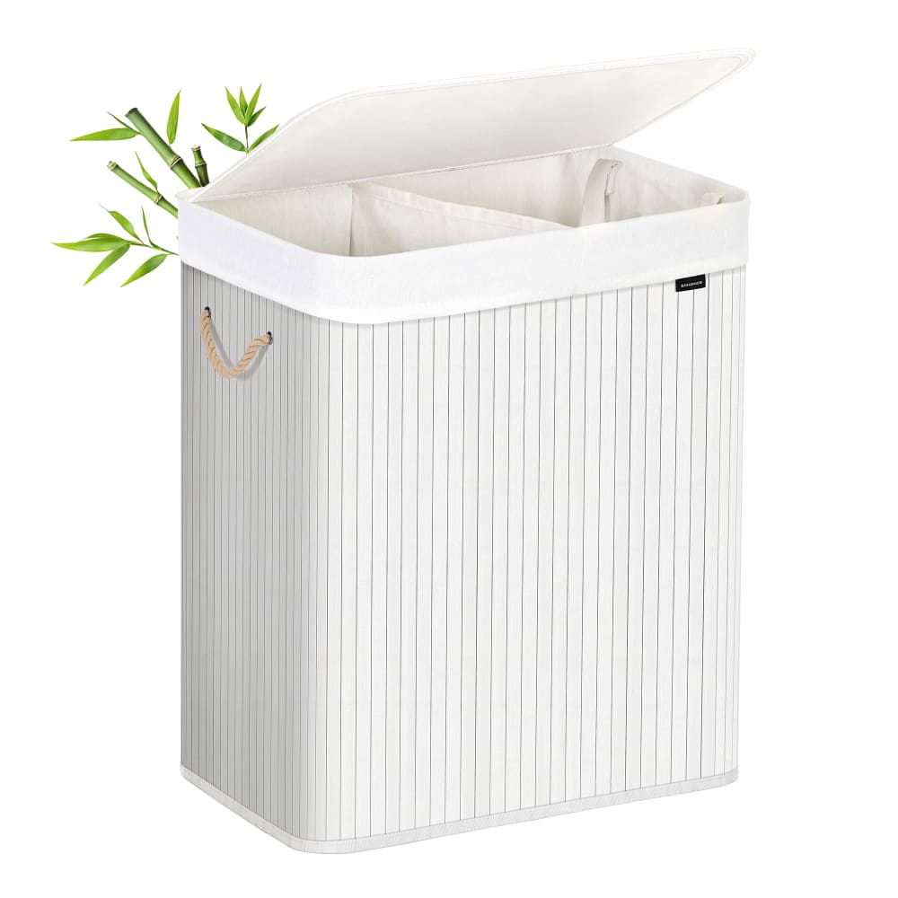 Panier à linge avec couvercle bambou avec poignées pliable 100 l blanc Panier à linge avec couvercle bambou avec poignées pliable 100 l blanc