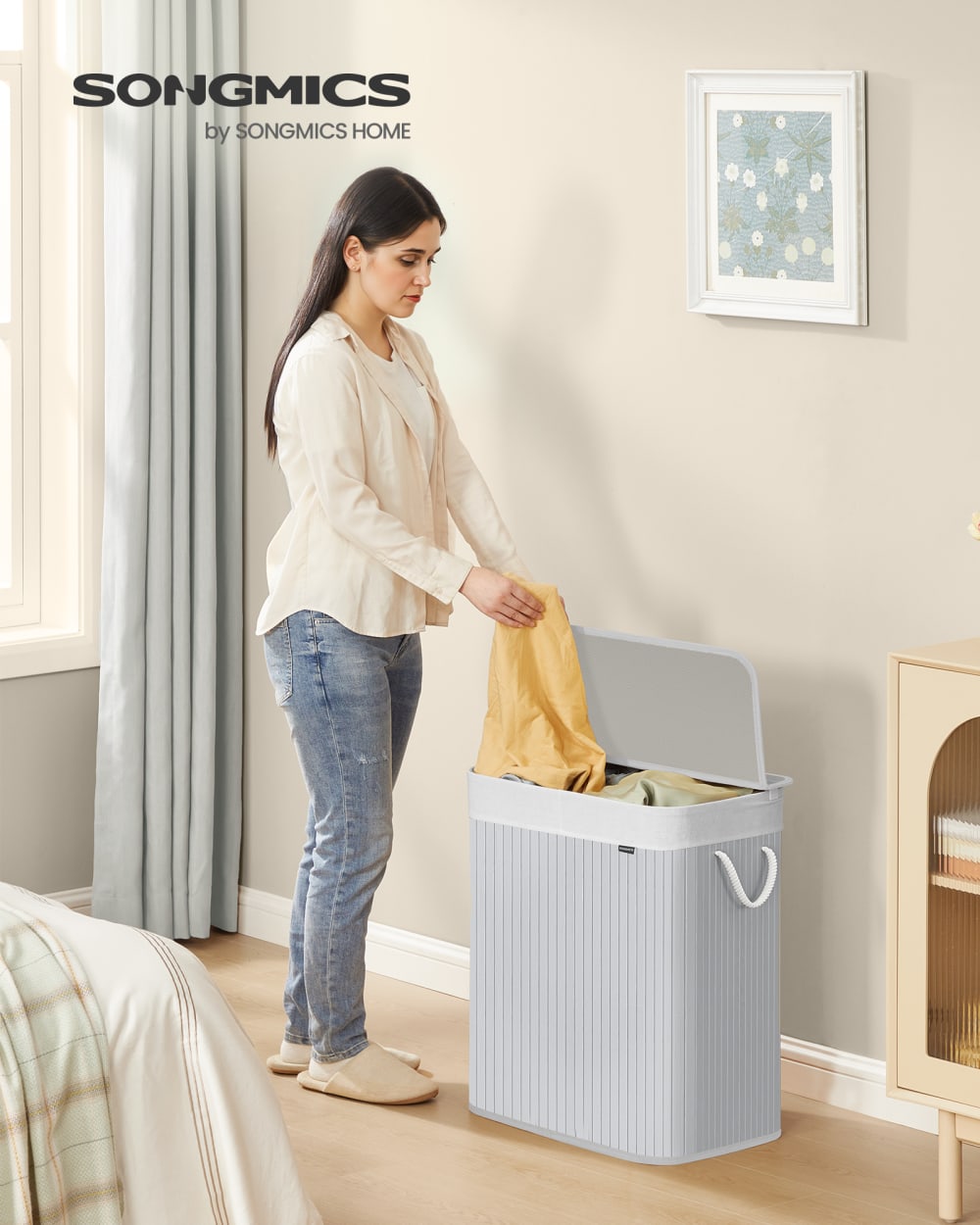 Panier à linge avec couvercle bambou avec poignées pliable 100 l gris - Maisons du Monde