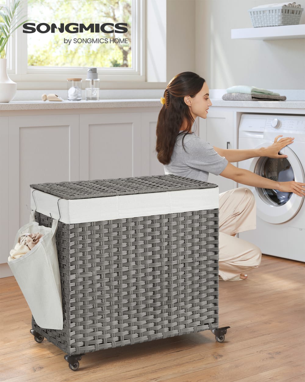 Panier à linge 3 compartiments 140l imitation de rotin de pp gris