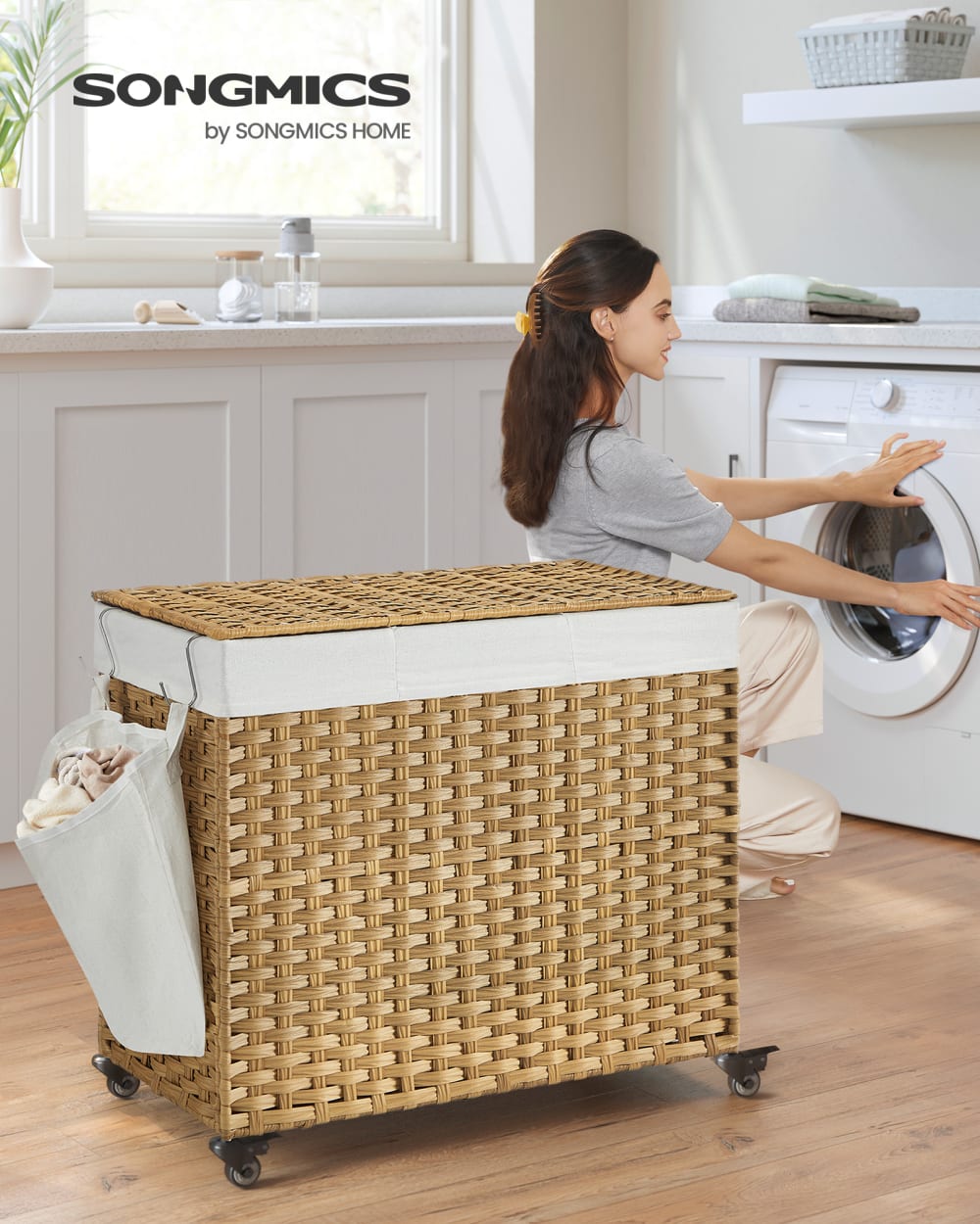 Panier à linge avec couvercle roulettes 160 l 76 x 33 x 66 cm naturel - Maisons du Monde