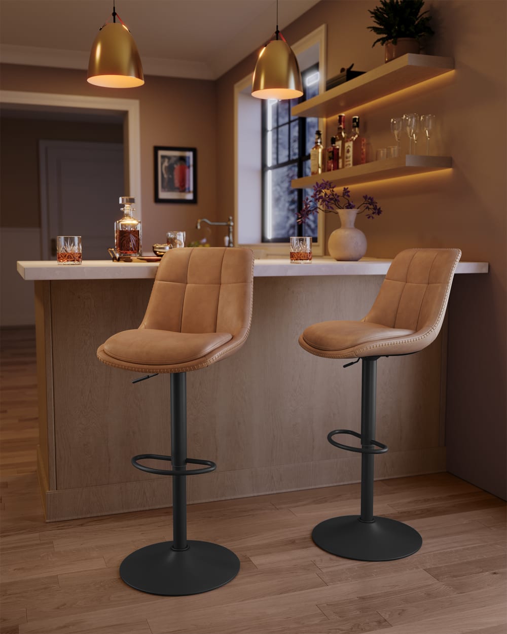 Tabourets de bar lot de 4 avec dossier et repose-pieds marron caramel - Maisons du Monde