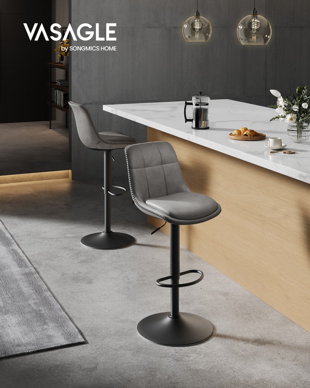 Tabourets de bar pivotants hauteur réglable avec dossier gris et noir