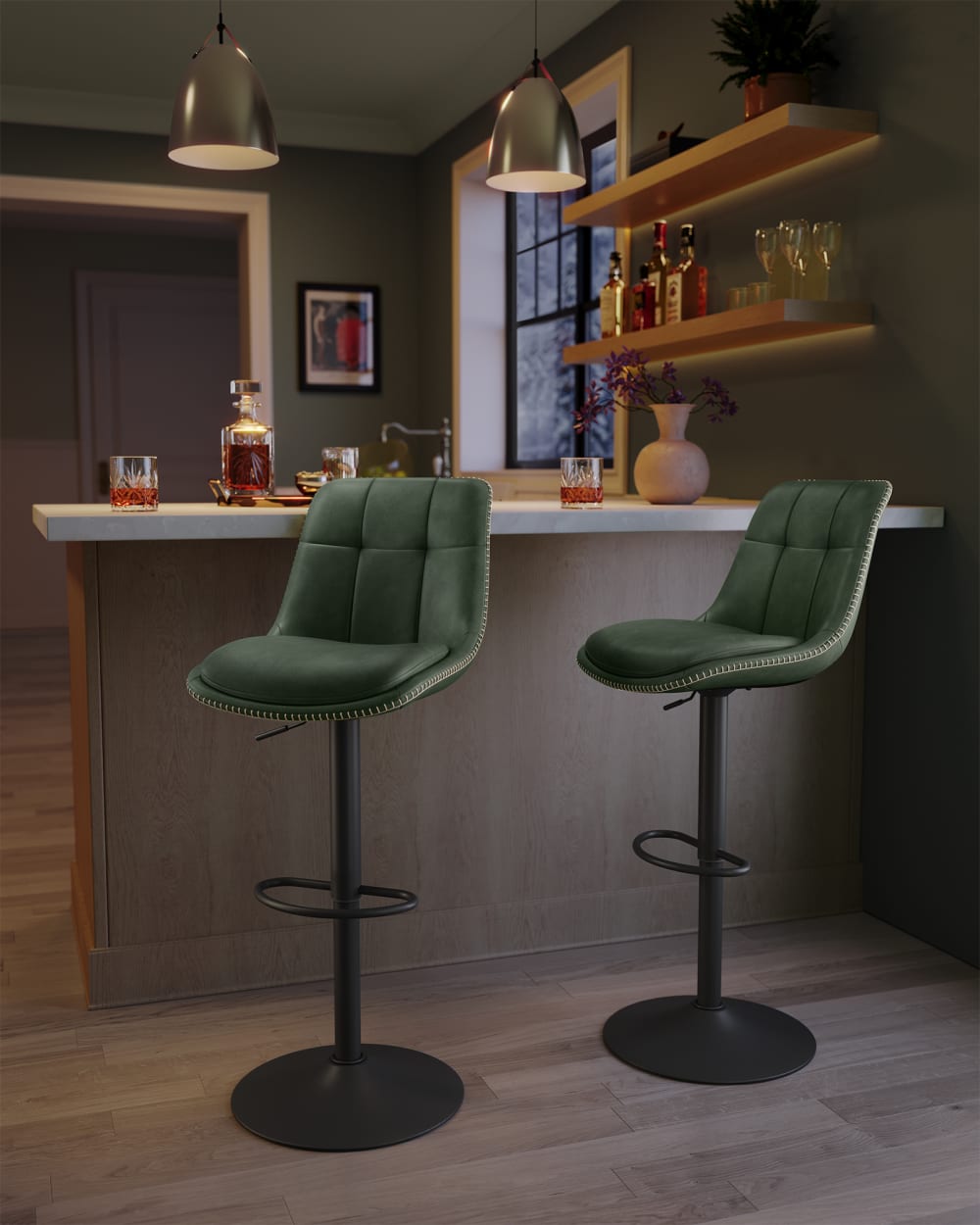 Tabourets de bar lot de 4 avec dossier et repose-pieds vert forêt
