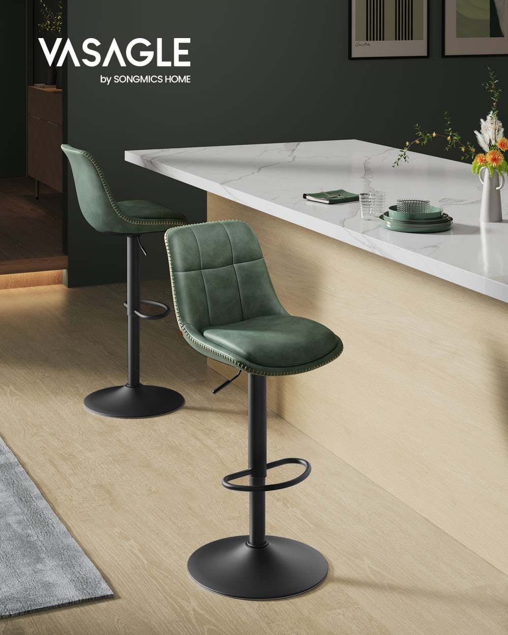 Tabourets de bar pivotants hauteur réglable avec dossier vert et noir - Maisons du Monde
