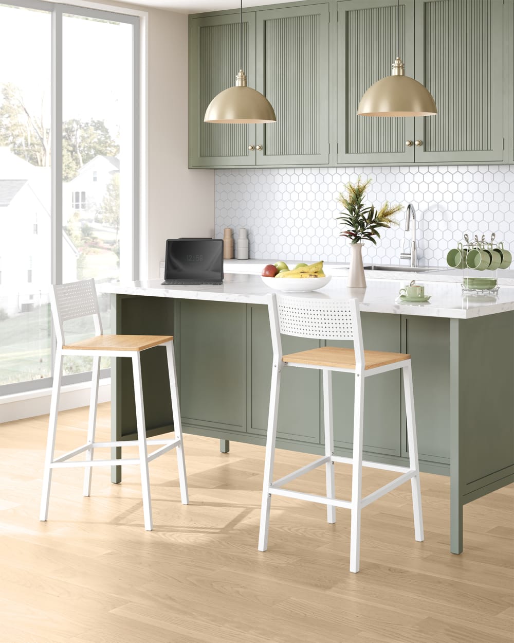 Ensembles tabourets de bar chêne blanc et beige - Maisons du Monde
