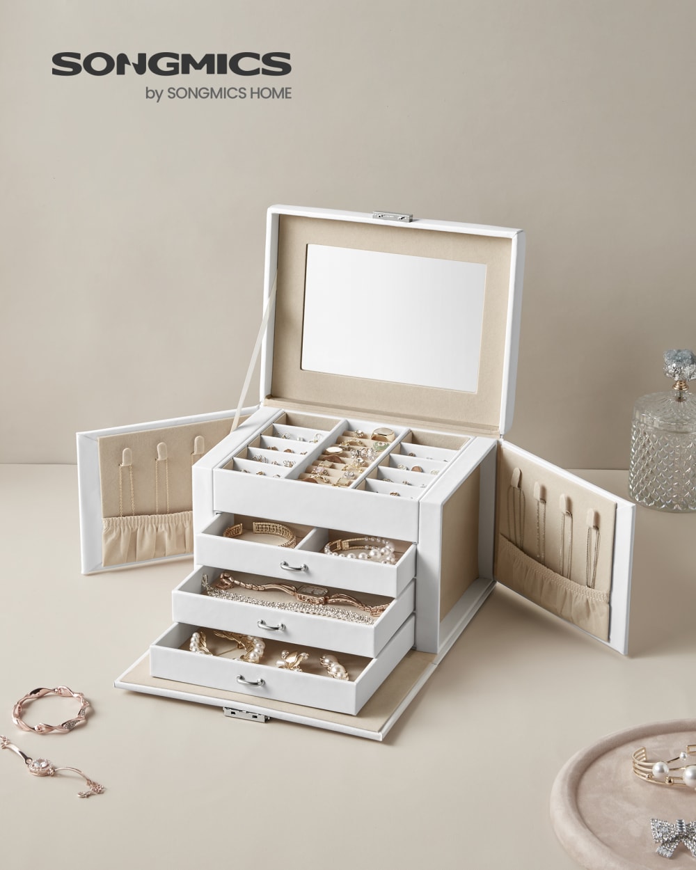 Boîte à bijoux 4 niveaux avec 3 grande capacité de stockage blanc - Maisons du Monde