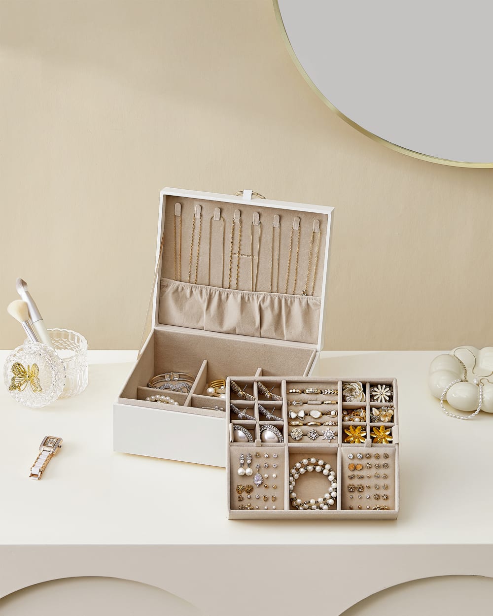 Boîte à bijoux 23.9 x 20 x 11.2 cm blanc crème marron et camel Boîte à bijoux 23.9 x 20 x 11.2 cm blanc crème marron et camel