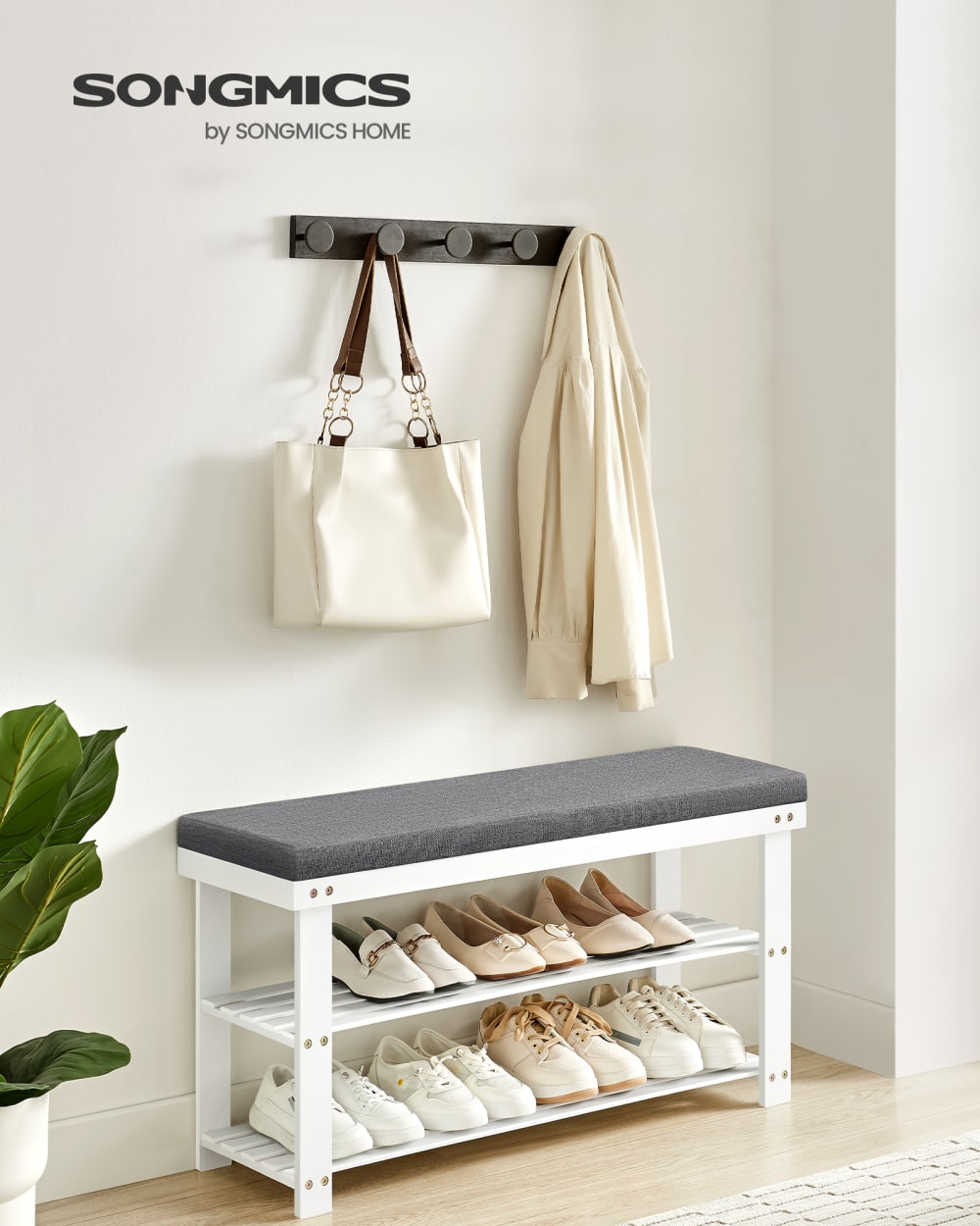 Banc à chaussures en bambou 29 x 90 x 49 cm blanc et gris - Maisons du Monde