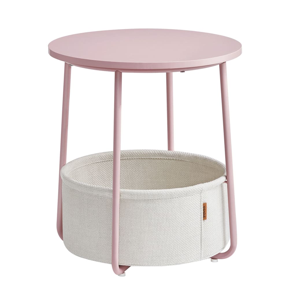 Petite table basse ronde avec panier tissu effet bois rose pastel