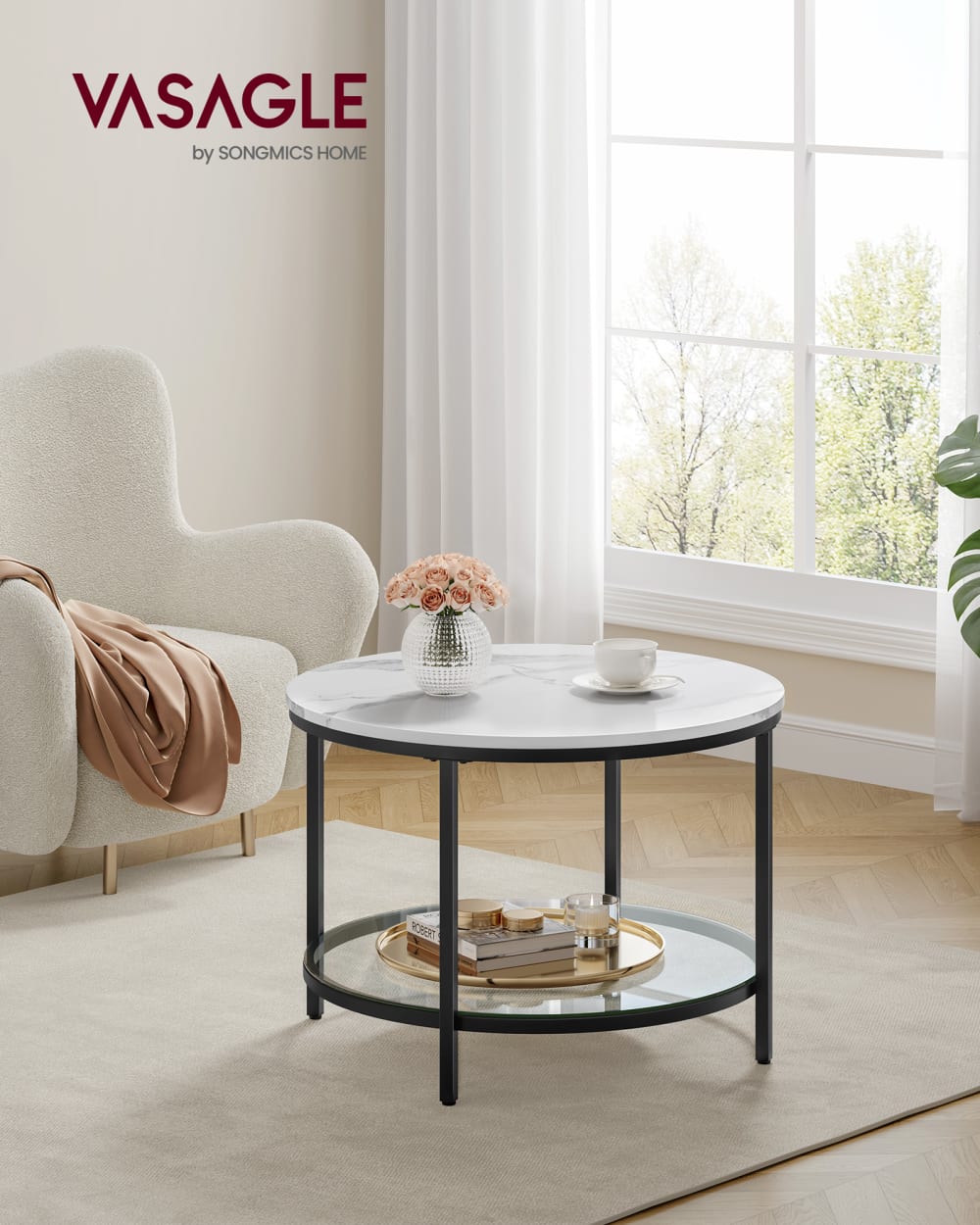 Table basse de salon canapé apéro façon marbre support blanc et noir - Maisons du Monde