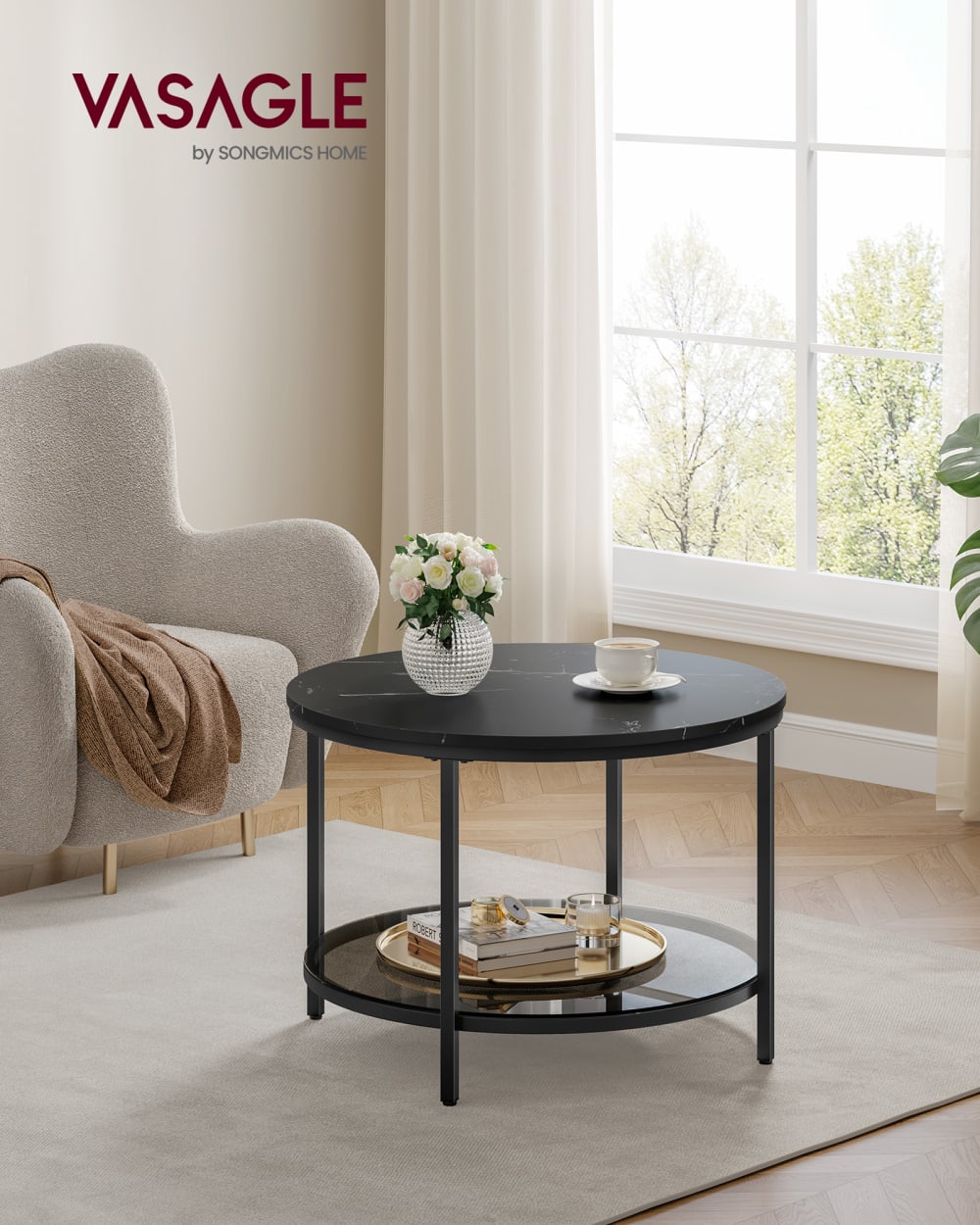 Table basse de salon canapé apéro façon marbre support en verre noir - Maisons du Monde