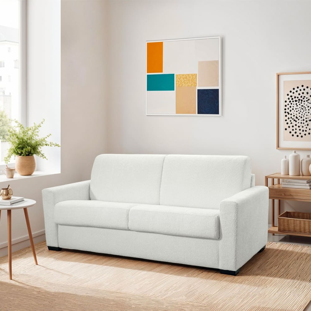 Homifab Canapé convertible express 3 places en tissu bouclette écru Blanc 190x87x100cm
