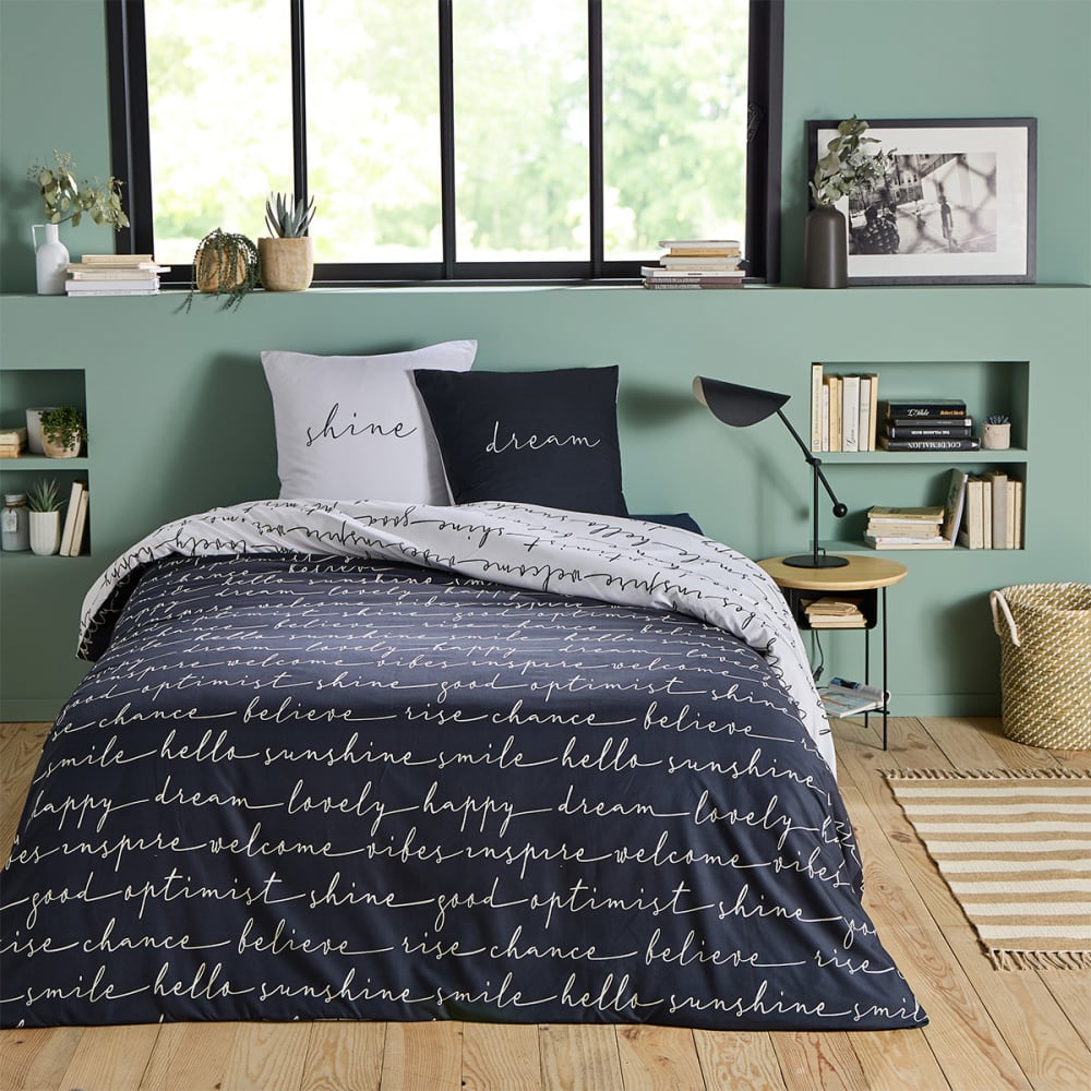 Future Home Parure de lit 2 personnes à texte réversible 240x220cm Noir Certifié Oeko-Tex Pes - Polyester