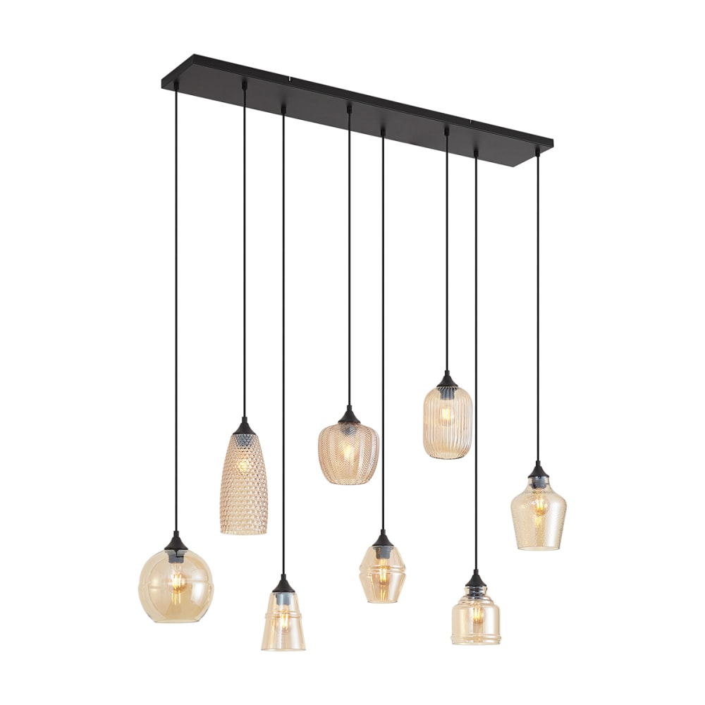 Suspension Art Déco noire verre ambré 8 lumières