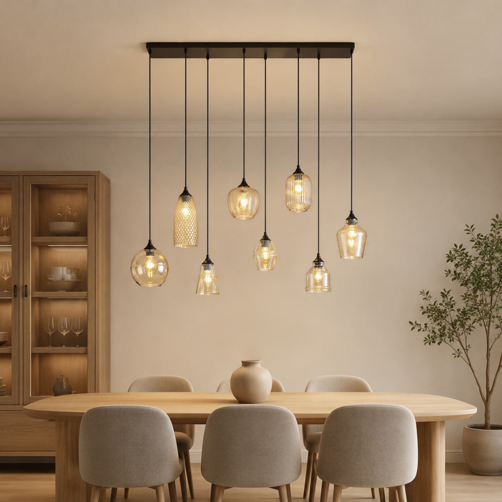 Suspension art déco noire verre ambré 8 lumières — vue 3
