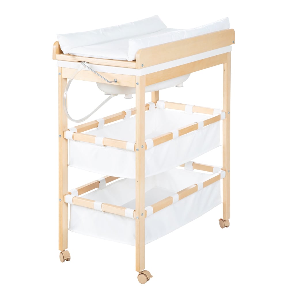 Table à langer avec baignoire et matelas blanc en bois nature