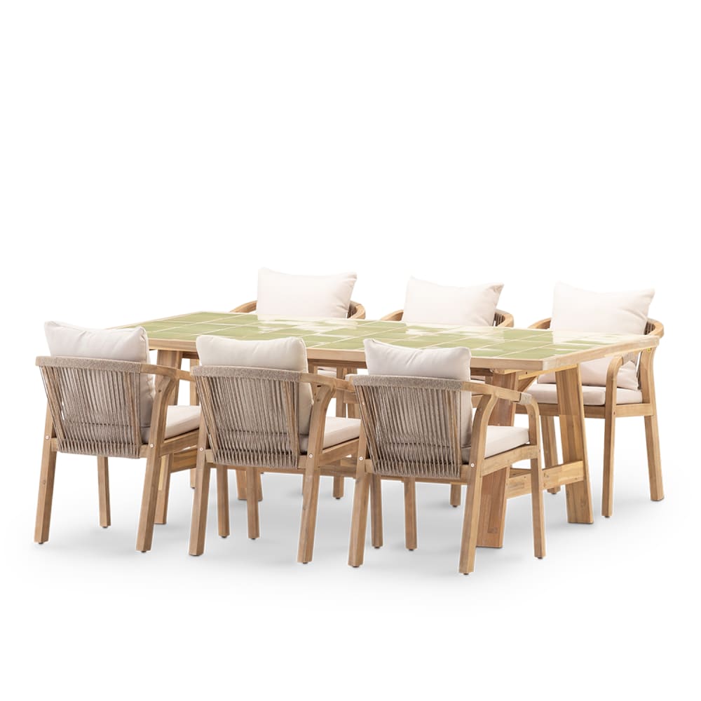 Set repas 6 places table céramique verdâtre 205x105
