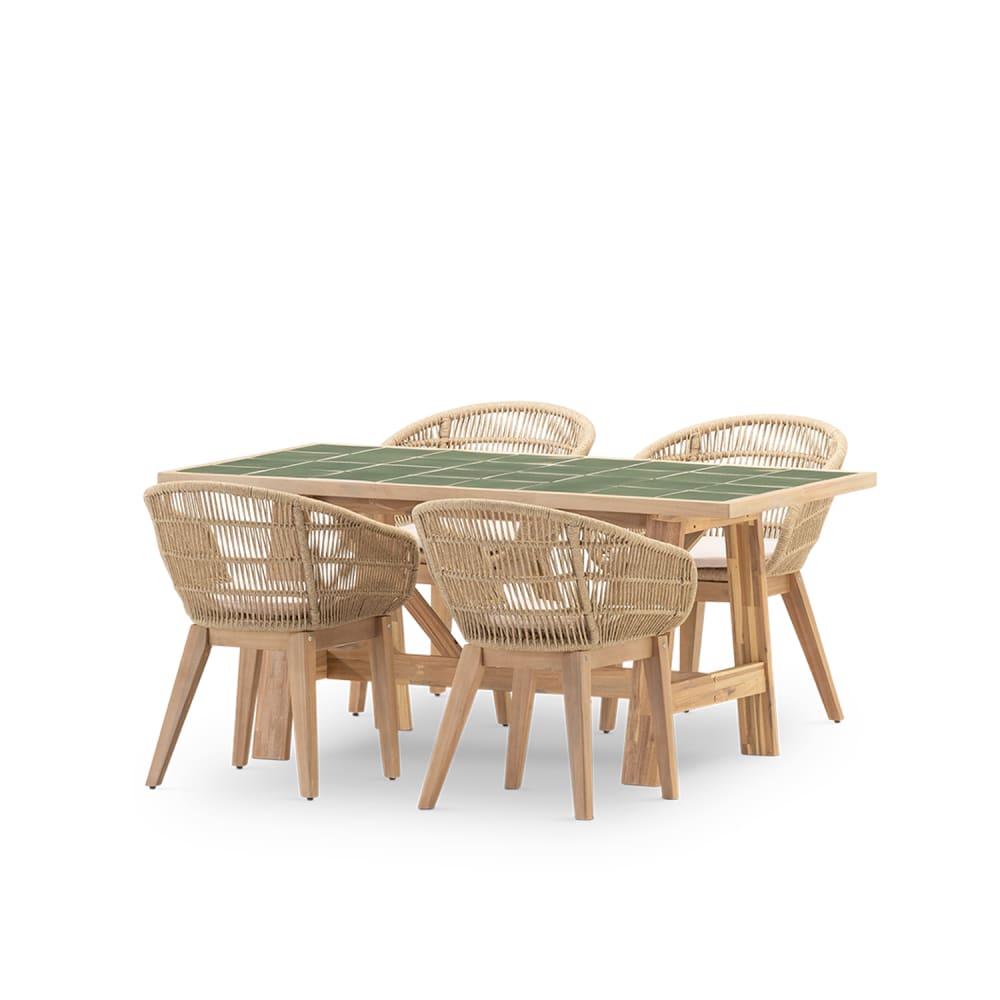 Ensemble table et chaises 4 places bois et céramique vert 168x87