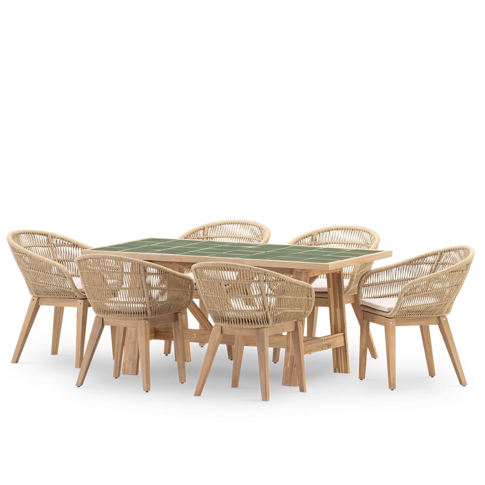 Ensemble table et 6 chaises en bois et céramique vert 168x87