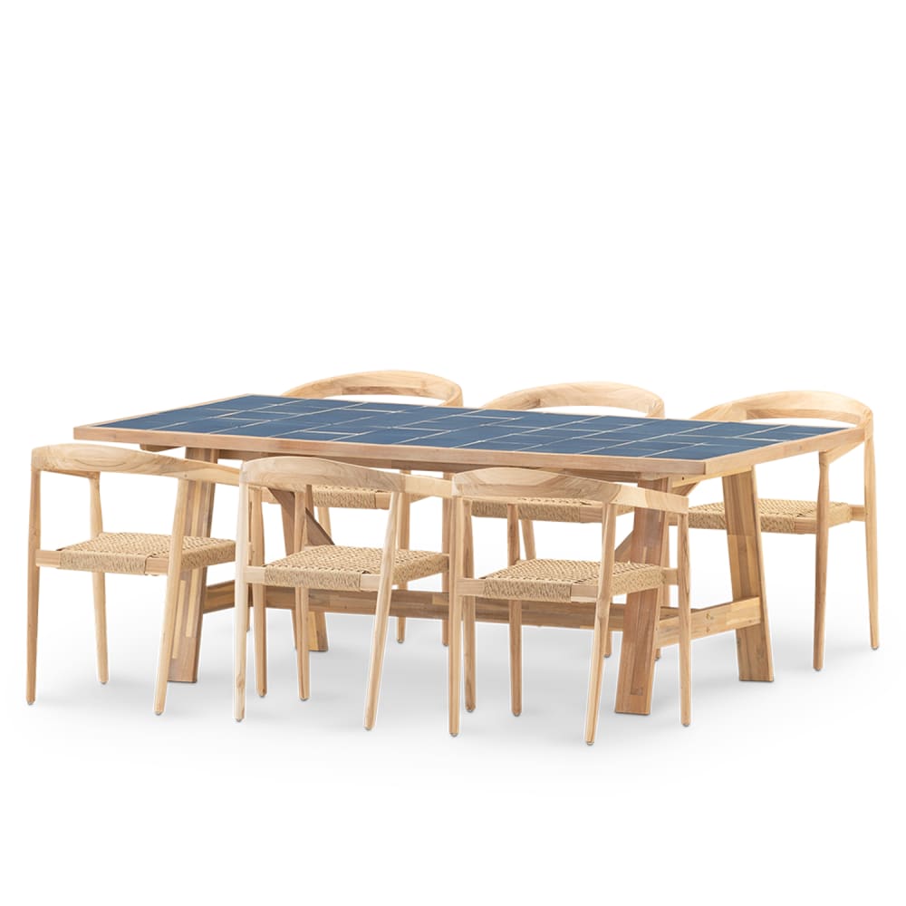Set repas 6pl céramique bleue 205x105 et fauteuil