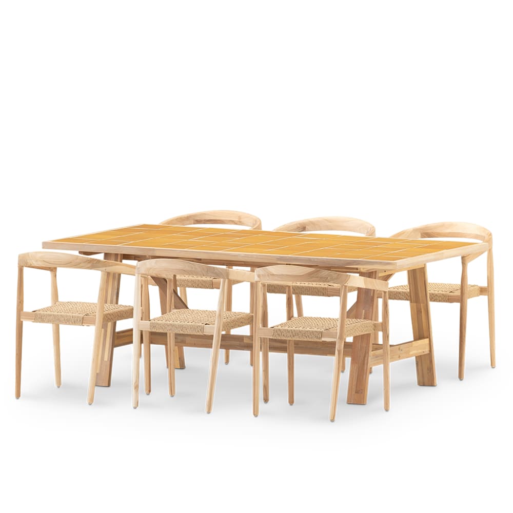 Ensemble de table et 6 fauteuils en bois et céramique moutarde 205x105