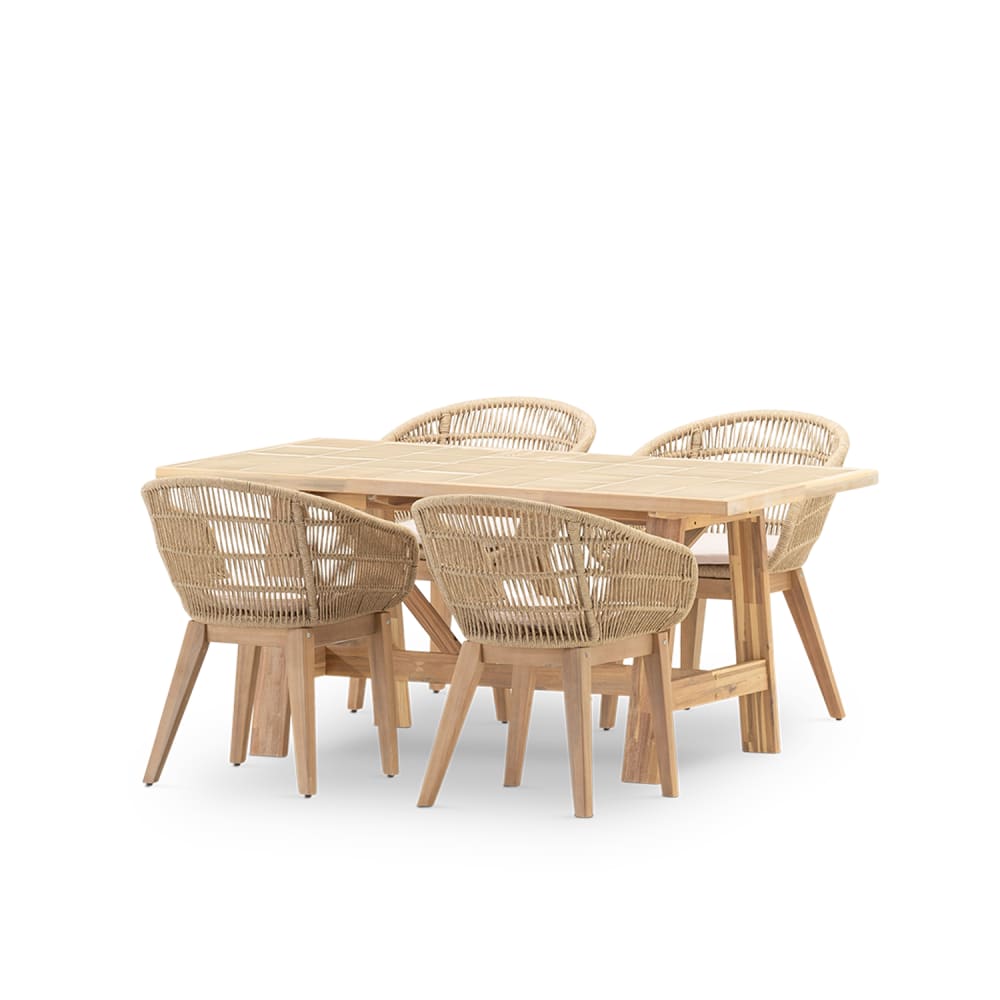 Ensemble table et chaises 4 places bois et céramique beige 168x87