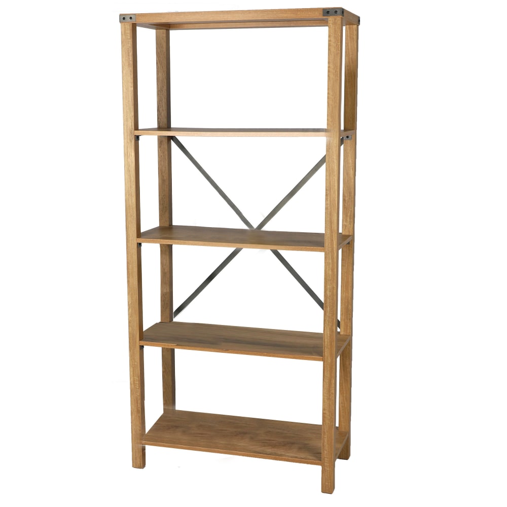 Urban Living Étagère bibliothèque bois avec angles et croisillons métal noir - 76x3 Marron Bois - 76x163x35cm