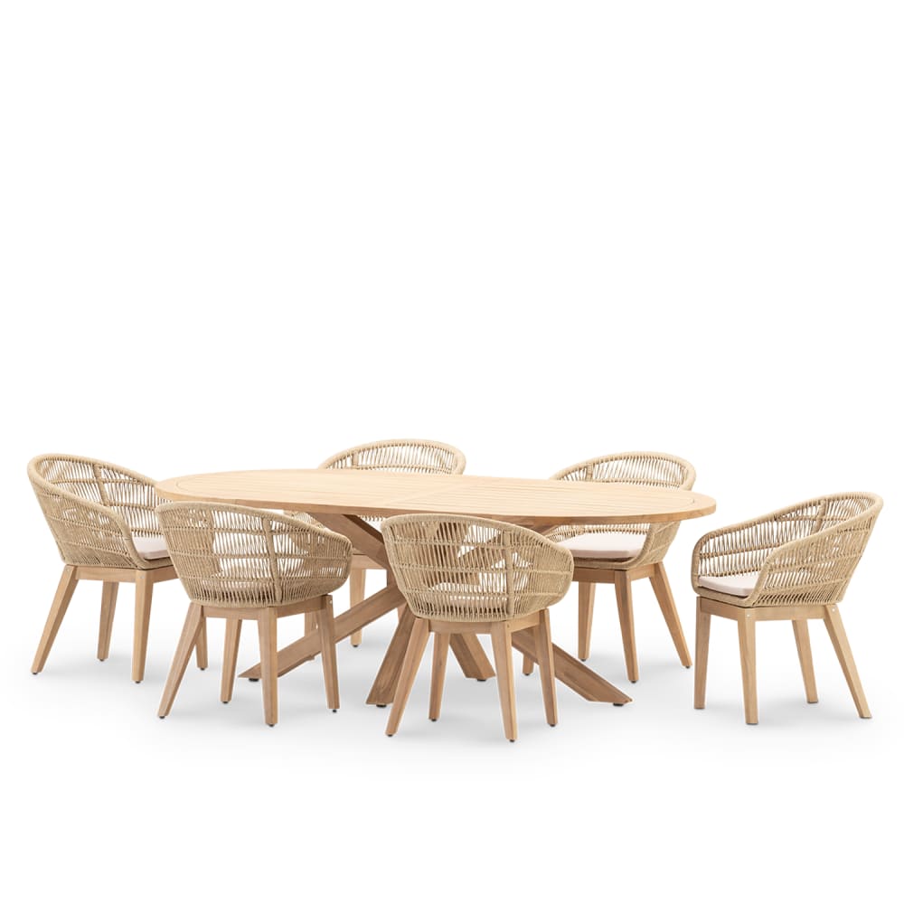 Set table ovale 220x115cm et 6 chaises corde beige