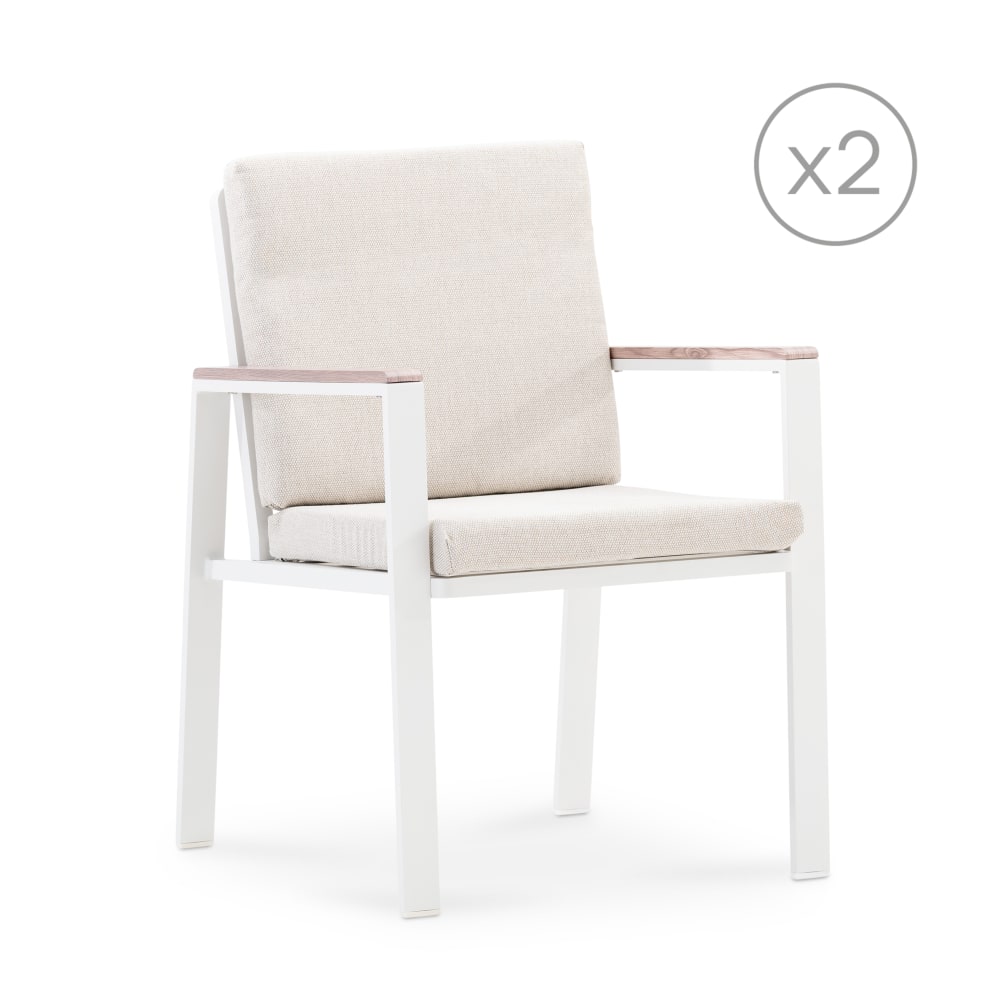 Lot 2 chaises alu blanc avec accoudoirs imitation bois avec coussins
