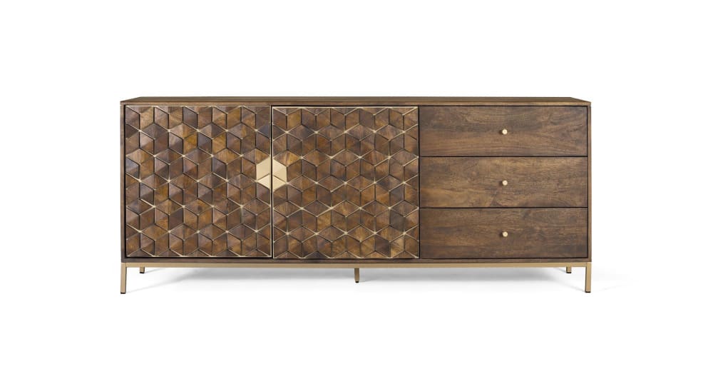 Buffet manguier et métal sophistiqué en noyer et doré