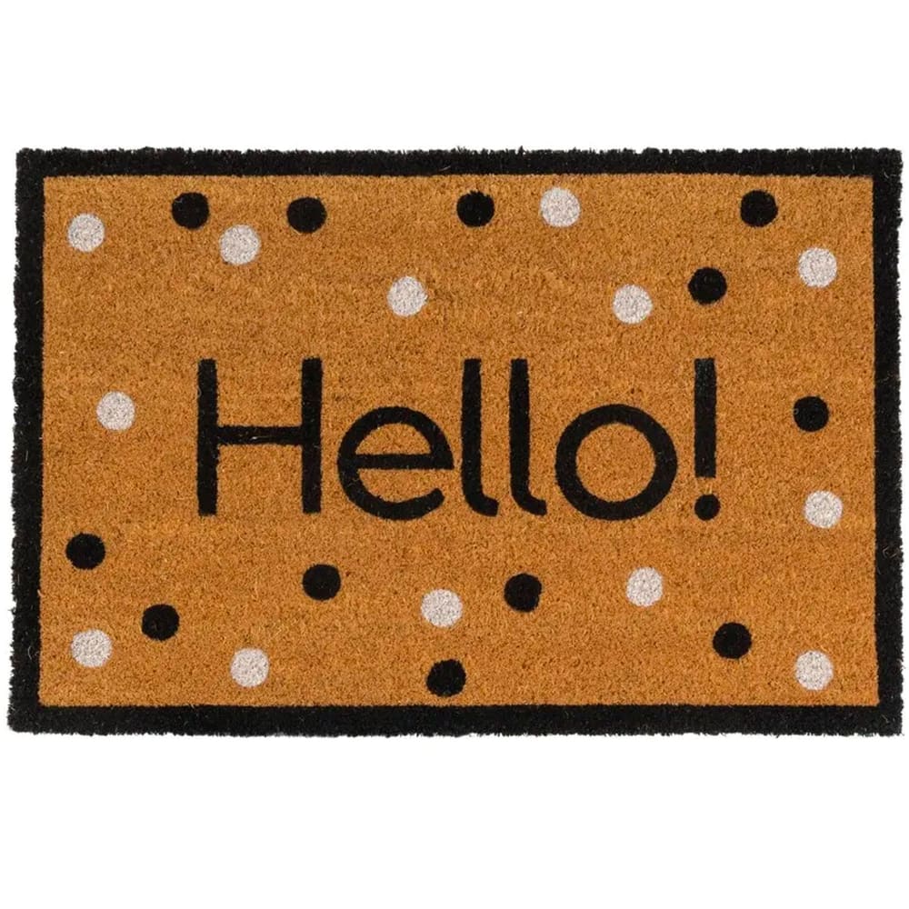 WADIGA Paillasson en coco avec pois et inscriptions hello! Dimensions:60x40x1.5cm Matière: Coco Couleur: marron, noir et blanc