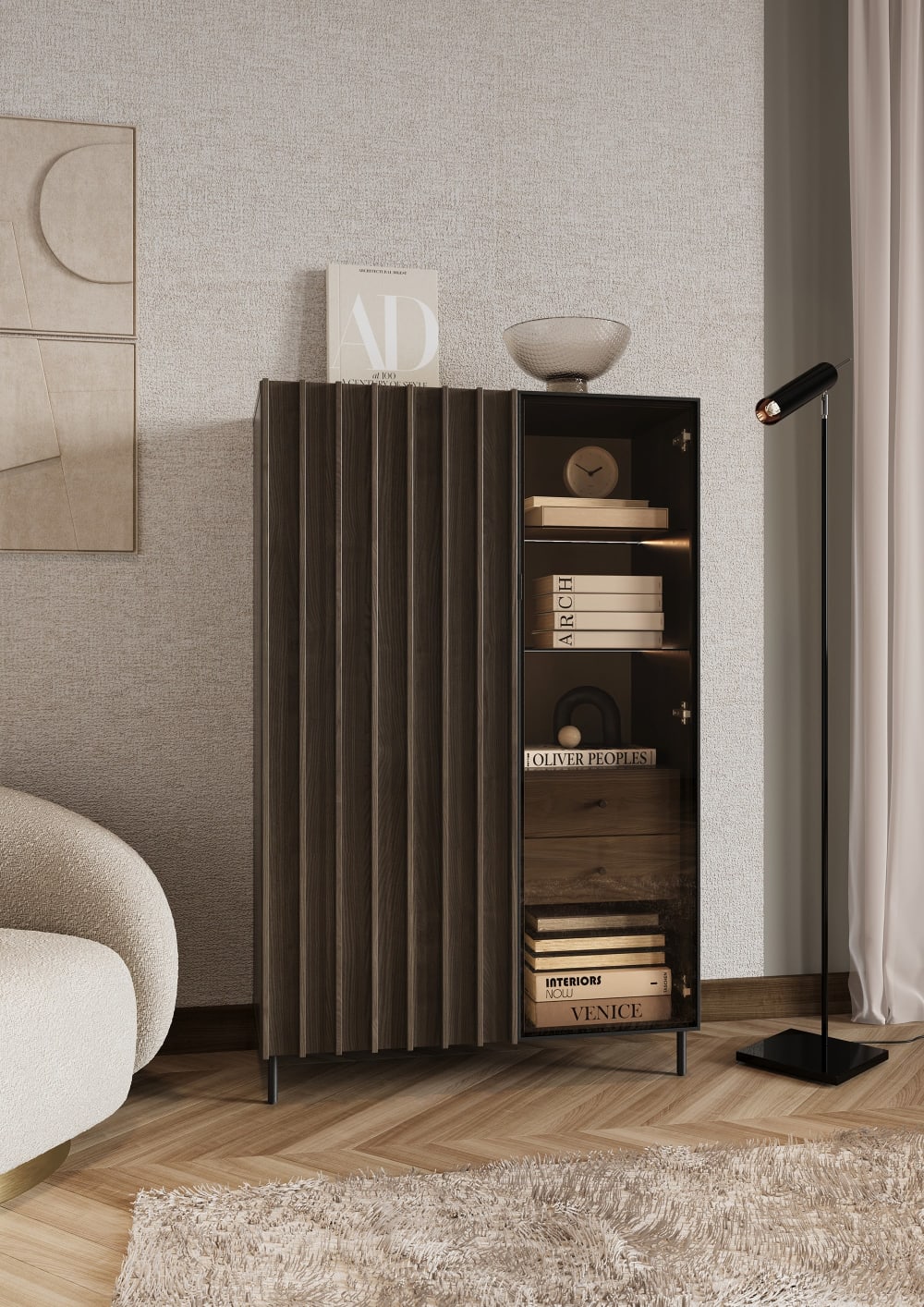 Vitrine 2 portes avec éclairage LED effet frêne noir 92x44 cm