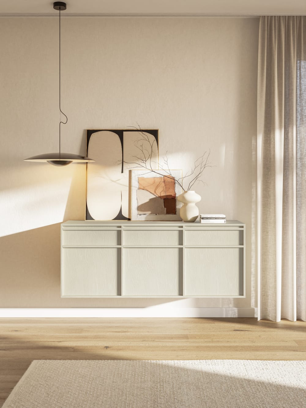 Buffet suspendu 3 portes et tiroirs crème 154x39 cm