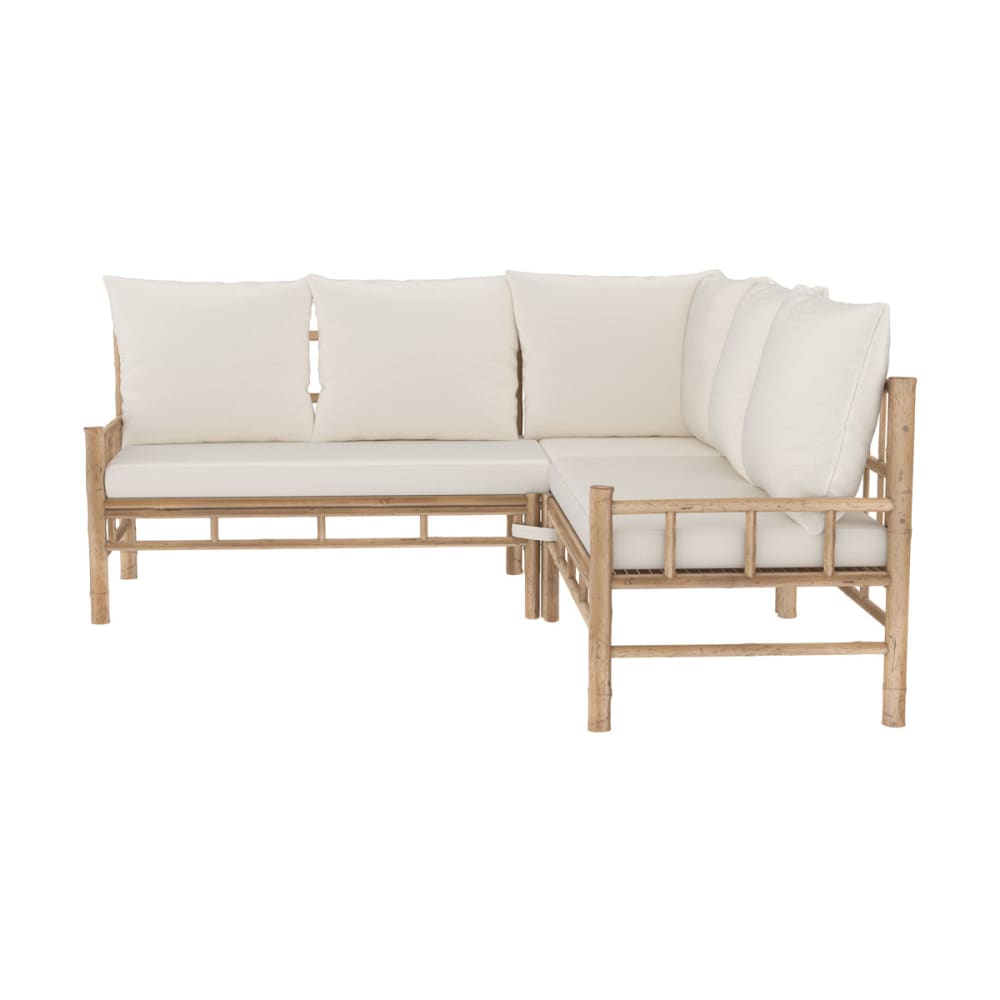 Canapé d'angle de jardin 4/5 places en bambou et coussins blancs