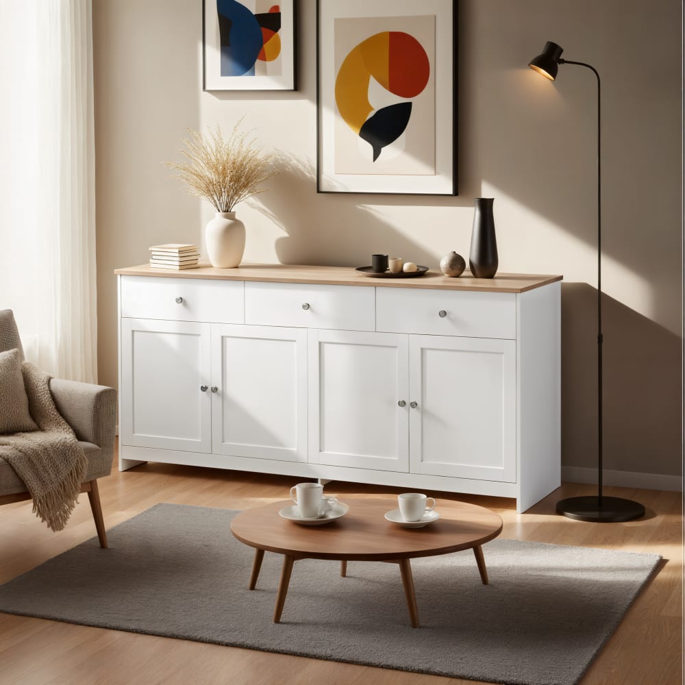 Console moderne en bois blanc et chêne avec tiroirs et portes