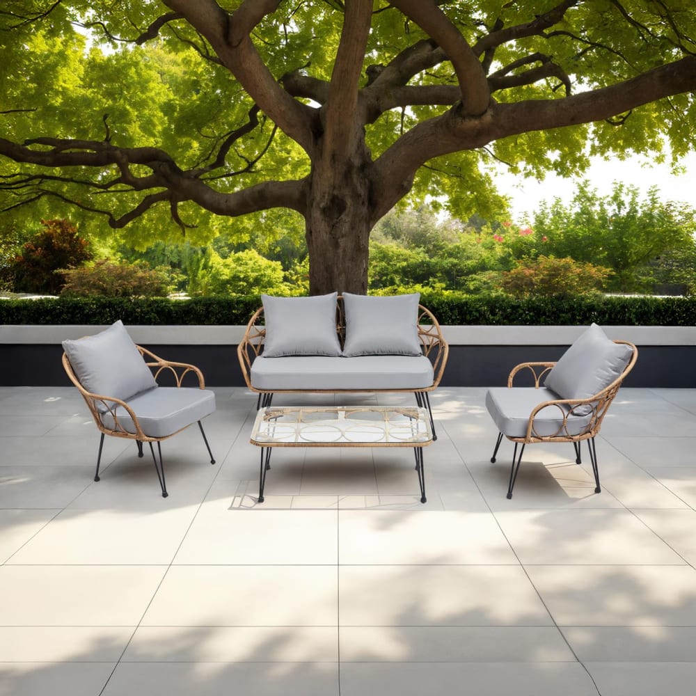 Salon de jardin 4 places en acier et polyrotin, noir/brun